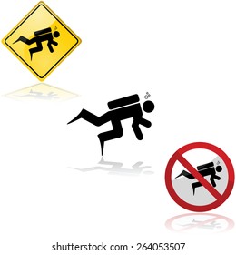 Icon set showing a diver and related signs allowing or forbidding the practice of the activity