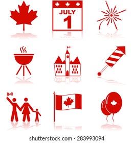 Icon set showing elements related to Canada and the Canada Day celebrations