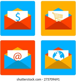 Icon set showing an envelope with different content using a flat design