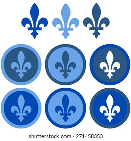 Icon set showing a fleur-de-lys in flat design using different shades of blue