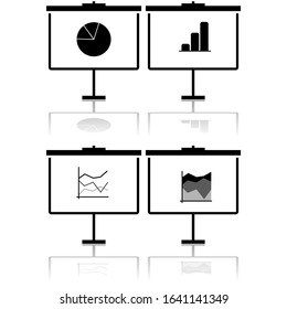 Icon set showing a flip chart presenting different types of statistics