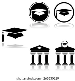 Icon set showing a graduation hat combined with other elements such as a greek style building representing a university