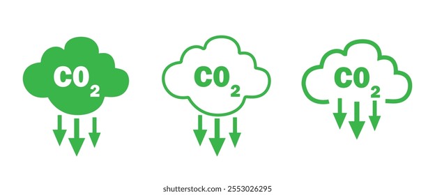 Redução de CO2 de efeito estufa com conjunto de ícones de emissão de nuvens. Poluição Por Dióxido De Carbono (11:11). Emissão de CO2 com ilustração de vetor de nuvem sobre fundo branco. aquecimento global. co2.