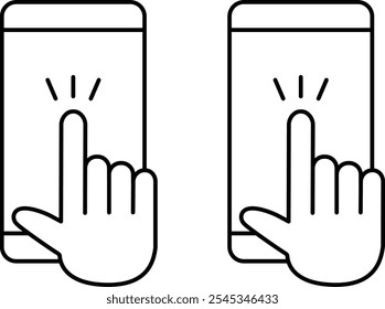 Icon set showing hand of person touching smartphone