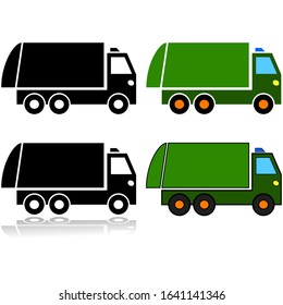 Icon set showing an illustration of a garbage truck represented in different styles