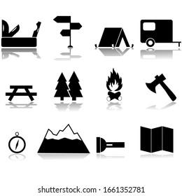 Icon set showing items related to camping trips and outdoor activities