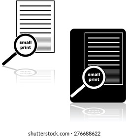 Icon set showing a magnifying glass over the small print of a document or contract