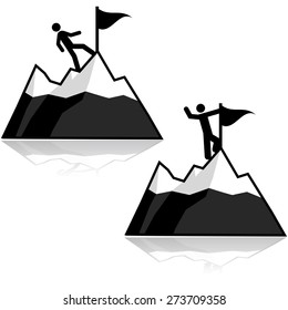 Icon set showing a man climbing a mountain and reaching its summit