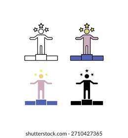 Conjunto de iconos que muestra a un hombre de pie en un podio con tres estrellas en línea, línea de color, estilos planos y sólidos. Representa el éxito, la victoria, el liderazgo, la motivación, la clasificación y el logro.