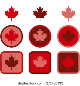 Icon set showing a maple leaf represented in flat design using different shades of red 