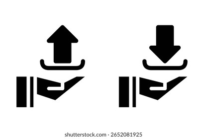 icon set showing an open hand with upload and download arrows. Represents data transfer, cloud storage, file sharing, sending and receiving information, technology services, and digital communication