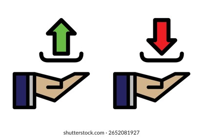 icon set showing an open hand with upload and download arrows. Represents data transfer, cloud storage, file sharing, sending and receiving information, technology services, and digital communication