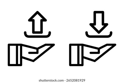 icon set showing an open hand with upload and download arrows. Represents data transfer, cloud storage, file sharing, sending and receiving information, technology services, and digital communication