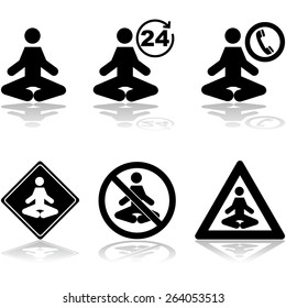 Icon set showing a person meditating and different related signs