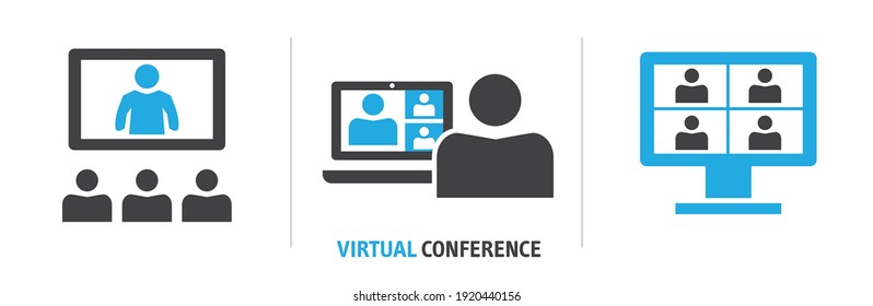 Icon Set Shows Employees Who Speak On Video Call With Diverse Colleagues On Online Event Briefing. Telecommuting Worker Have Webcam Group Conference With Coworkers -  Vector Illustration Concept