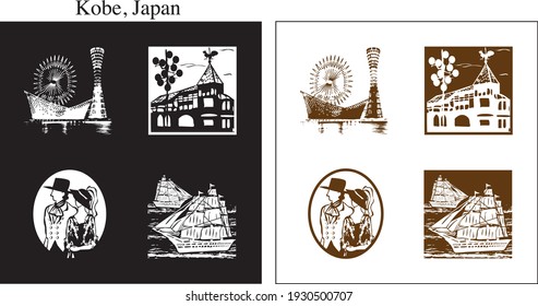 Icon set of sightseeing spots in Kobe, Japan.