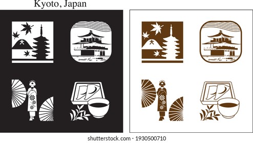 Icon set of sightseeing spots in Kyoto, Japan.