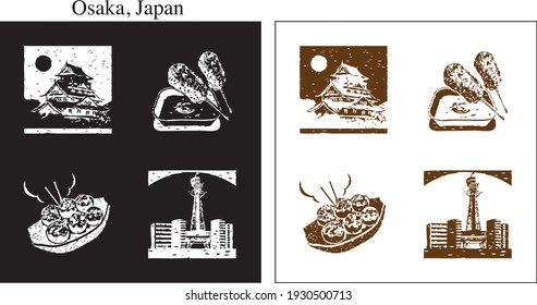 Icon set of sightseeing spots in Osaka, Japan.