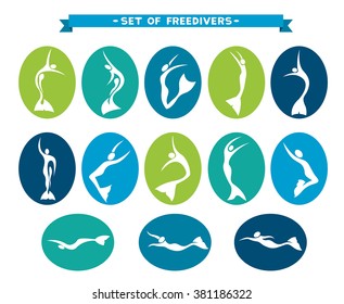 Icon set with silhouette of free divers in monofin. Freediving vector illustration.