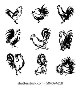 Icon set - silhouettes of black rooster. Vector cock. Bird illustration - cockerel. collection of chinese zodiac symbols for 2017 year. Design elemens for calendar, logo and label. Isolated on white.