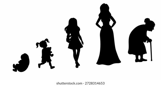 Icon set of Silhouettes of the Evolution of the Stages of Life of Women from Baby to Elderly