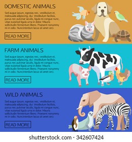 Icon set with silhouettes of pets, farm and wild  animals in flat design cartoon style. Isolated horizontal banners vector illustration.