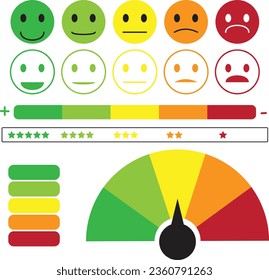 conjunto de iconos para la evaluación simple y los indicadores de calificación de servicio emoticonos de color rojo verde y RGB y barras de valor