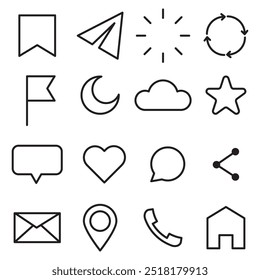 Symbolsatz. Einfache schwarze Umrisssymbole. Verschiedene Kommunikations- und Mediensymbole. Vektorgrafik.