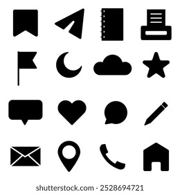 Icon set. Simple black symbols. Various communication and media icons. Vector illustration.