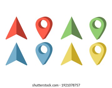 Icon set. Simple circle shape internet button on white background. Modern style. Vector illustration for web design. Flat design. Blue, green, red and yellow navigator arrows and maping pin locations.