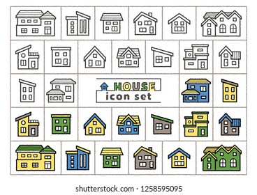 icon set of simple house - only hand writing style line drawing / hand writing style line drawing plus color -