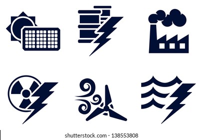 An Icon Set With Six Icons Representing Power And Energy Generation Types. Solar, Fossil Fuel, Nuclear, Wind, Hydro Or Water Plus Oil