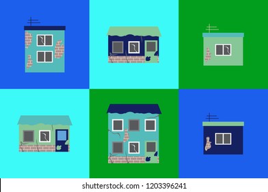 Icon set of six small poor ruined houses based on green, blue and mint-blue background