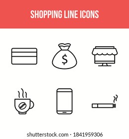 Icon set of six unique shopping line icons