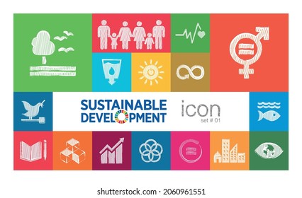Icon set sketch of Sustainable Development social work. Corporate social responsibility project resource. Goals to success. Vector Icon. svg