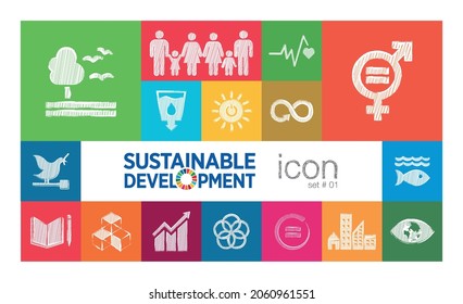 Icon set sketch of Sustainable Development social work. Corporate social responsibility project resource. Goals to success. Vector Icon.