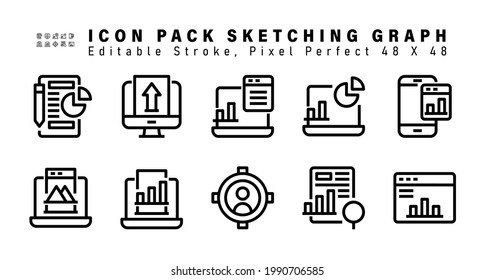 Icon Set of Sketching Data Vector Line Icons. Contains such Icons as Online Analytics, Pyramid Chart, Chart Infographic, Person Target etc. Editable Stroke. 48x48 Pixel Perfect