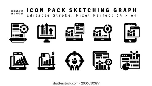 Conjunto de iconos de esbozo de iconos de glifo. Contiene iconos tales como análisis en línea, gráfico de pirámide, análisis en línea, destino personal, etc. Stroke modificable. 64 x 64 Pixel Perfecto