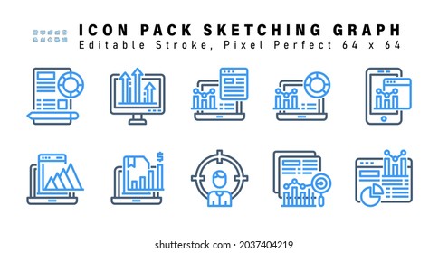 Icon Set of Sketching Graph Two Color Icons. Contains such Icons as Online Analytics, Pyramid Chart, Online Analytics, Person Target etc. Editable Stroke. 64 x 64 Pixel Perfect