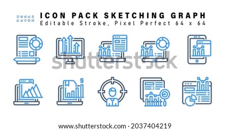 Icon Set of Sketching Graph Two Color Icons. Contains such Icons as Online Analytics, Pyramid Chart, Online Analytics, Person Target etc. Editable Stroke. 64 x 64 Pixel Perfect