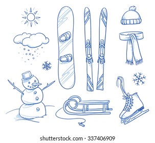 Icon set of ski & winter fun objects: snowman, snowboard, ski, slide, ice skates, hat, scarf. Hand drawn vector illustration