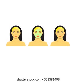 Icon set for skincare infographic. Colorful vector image illustrated steps of washing of pretty asian woman with acne.