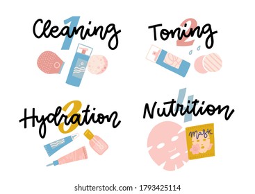 Icon set for skincare infographic. Young women showing four steps face care. Beautiful girls of different races.