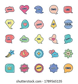 icon set of slang bubbles and clouds over white background, flat style, vector illustration