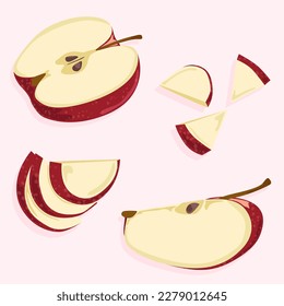 Icon set with sliced apples and their pieces. Healthy fruits and natural products. Diet food.
