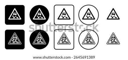 Icon set of slippery road sign. Filled, outline, black and white icons set, flat style.  Vector illustration on white background