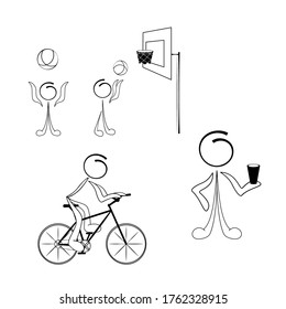 Icon set of small images of people and educational symbols for sports, a cute miniature scene of a basketball player with a ball, cyclist, resting man drinking water from a glass