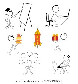 Icon set of small images of people and educational symbols for studying at a university or school, a cute miniature scene of people, a student, a person who thinks, studies, expects