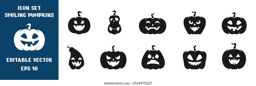 icon set Smiling pumpkins, black solid style, editable vector eps 10