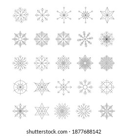 Icon set of snowflake, isolated on a white background. Trendy outline symbols. Pack of icons in line style. Merry Christmas. Happy New Year. Winter. Vector illustration.
